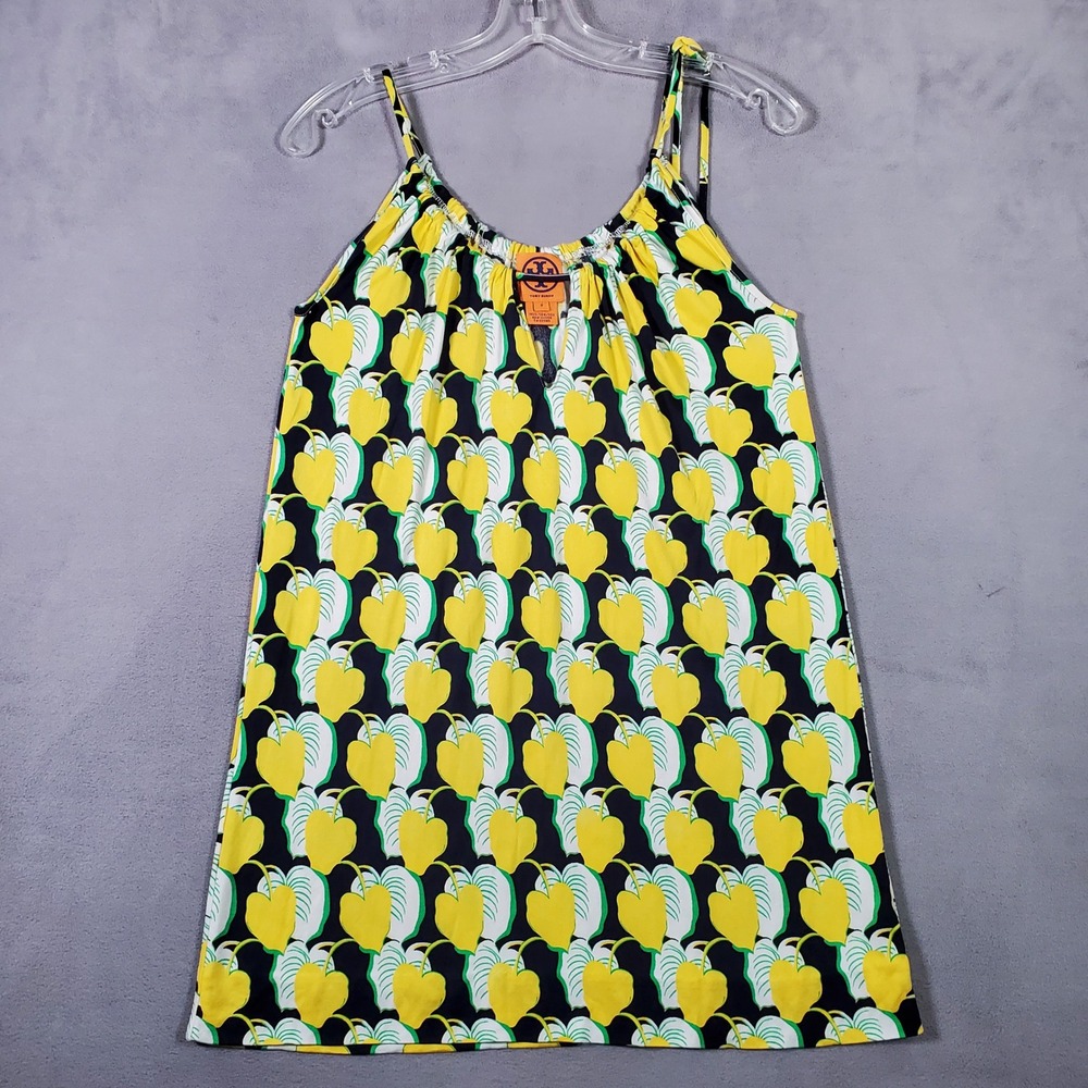 Tory Burch Cami Tank Womens S Yellow Leaf Print Silk Logo Charm Resort Luxury